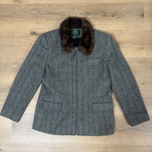 Lauren Ralph Lauren Silk Wool Jacket Womens Petit Zip Up Fur Collar Pockets
